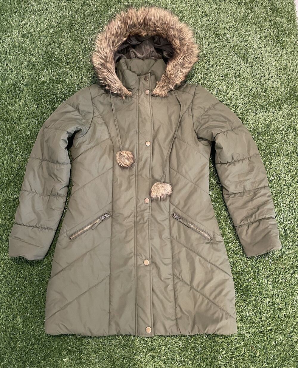 American Rag Olive Green Puffer Coat Faux Fur Hood Parka Jacket Womens Size M